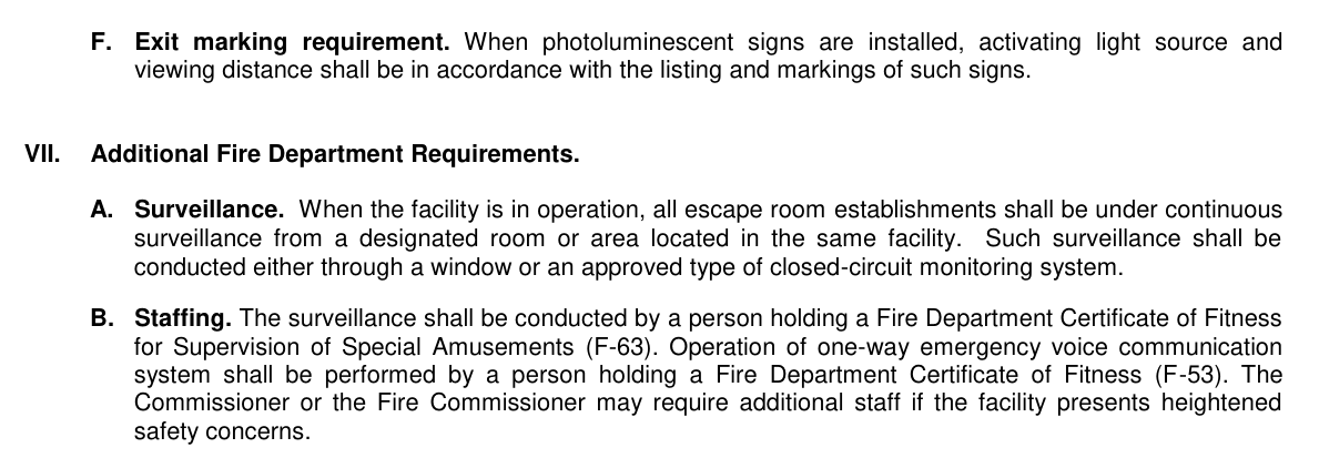 New York City Department of Buildings Bulletin 2019-008, section on continuous surveillance and staffing of escape room establishments