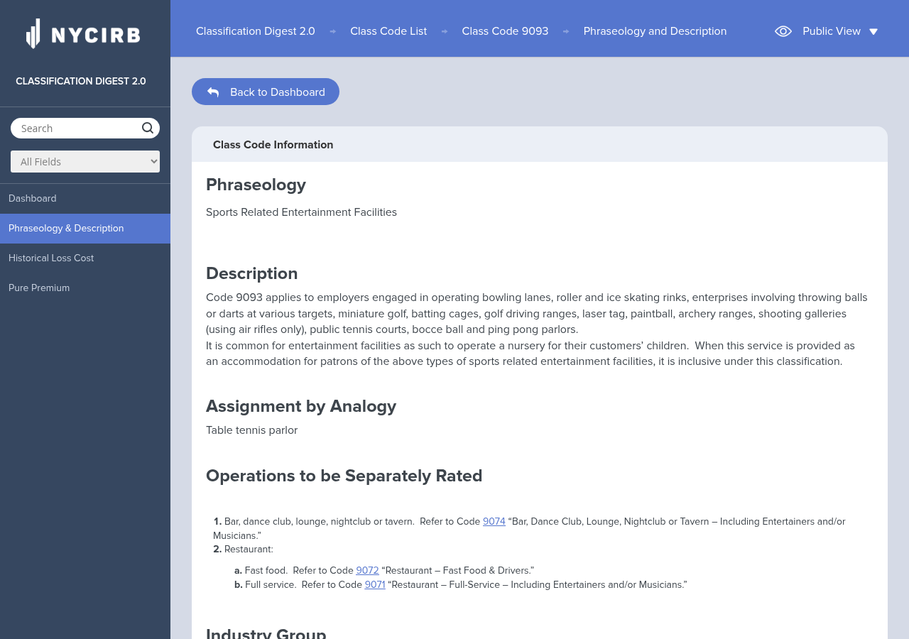New York Compensation Insurance Rating Board classification page for Code 9093, Sports Related Entertainment Facilities