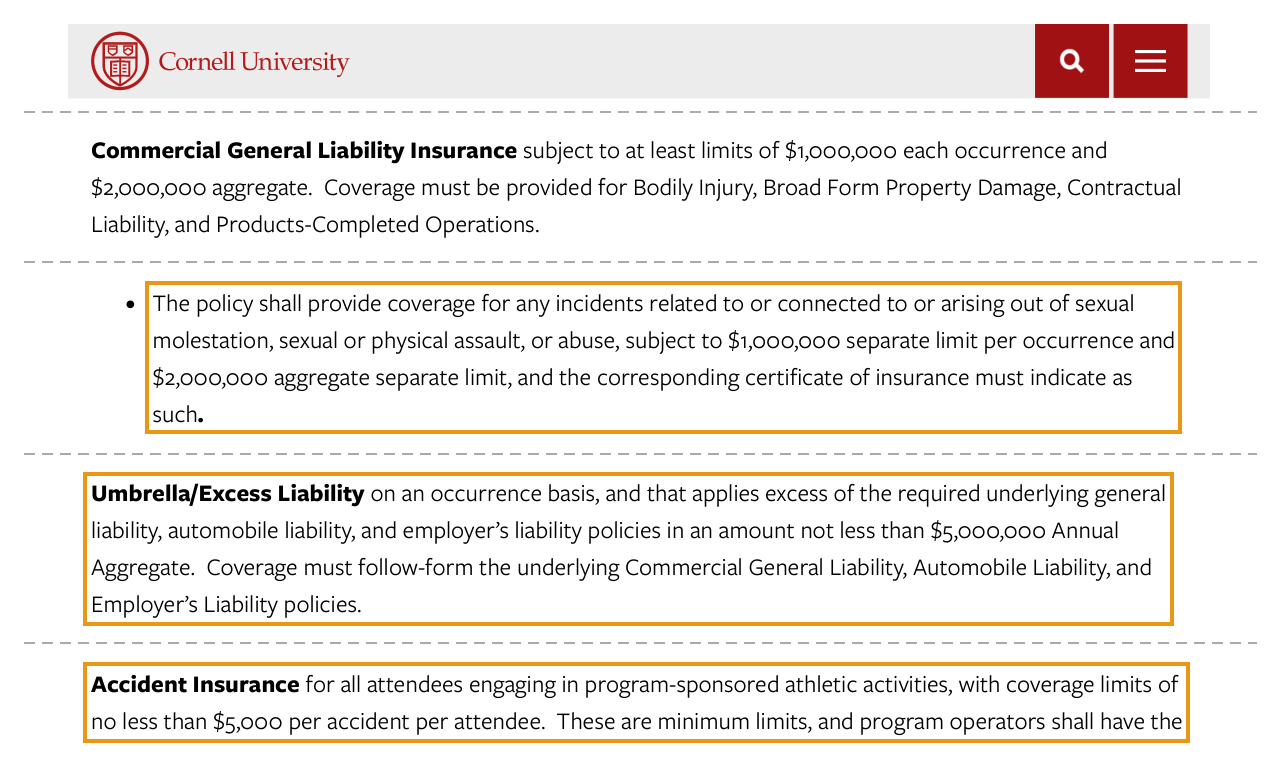 Cornell University Office of Risk Management and Insurance, Events Involving Children and Youth: the insurance requirements for third-party operators, with the separate abuse limit, the umbrella and the accident cover outlined