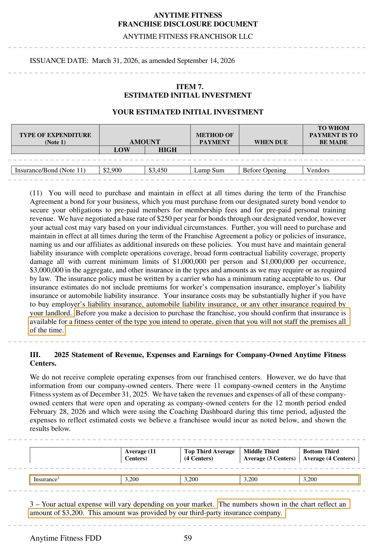 Anytime Fitness 2026 franchise disclosure document, amended September 14, 2026: the Item 7 insurance and bond row, note 11 with the warning to confirm insurance is available for a center that is not staffed all of the time, and the Item 19 insurance line of $3,200 with note 3