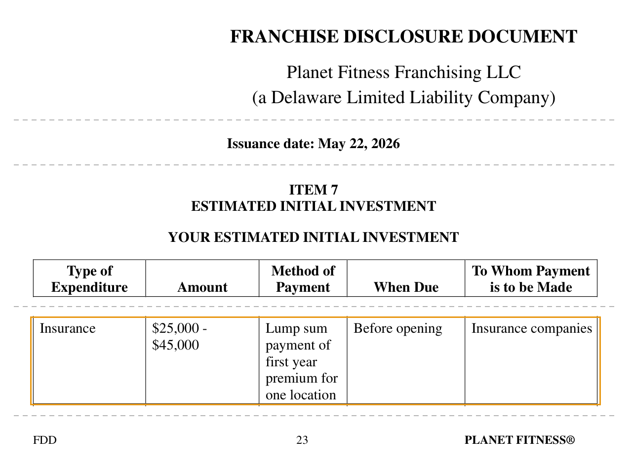 Planet Fitness 2026 franchise disclosure document: the issuance date and the Item 7 insurance row of $25,000 to $45,000, a lump sum payment of the first year premium for one location