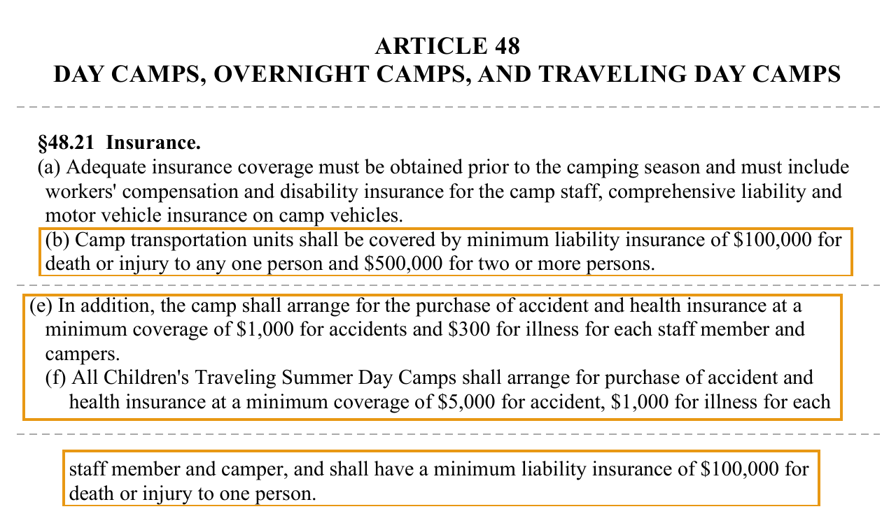 New York City Health Code Article 48, Day Camps, Overnight Camps, and Traveling Day Camps: section 48.21 Insurance, with the camp vehicle liability floor and the camper accident and health cover outlined
