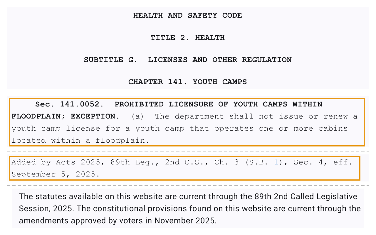 Texas Health and Safety Code chapter 141, Youth Camps, on the Texas Legislature's statutes site: the site's currency note, the chapter heading and short title, and section 141.0052 on cabins in a floodplain with its 2025 history line outlined