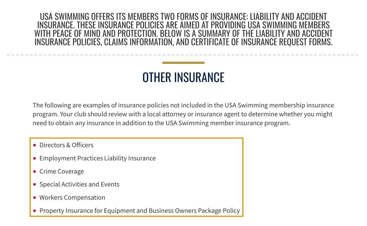 USA Swimming insurance page: the statement that the program offers members liability and accident insurance, and the Other Insurance list of policies the membership program does not include, outlined